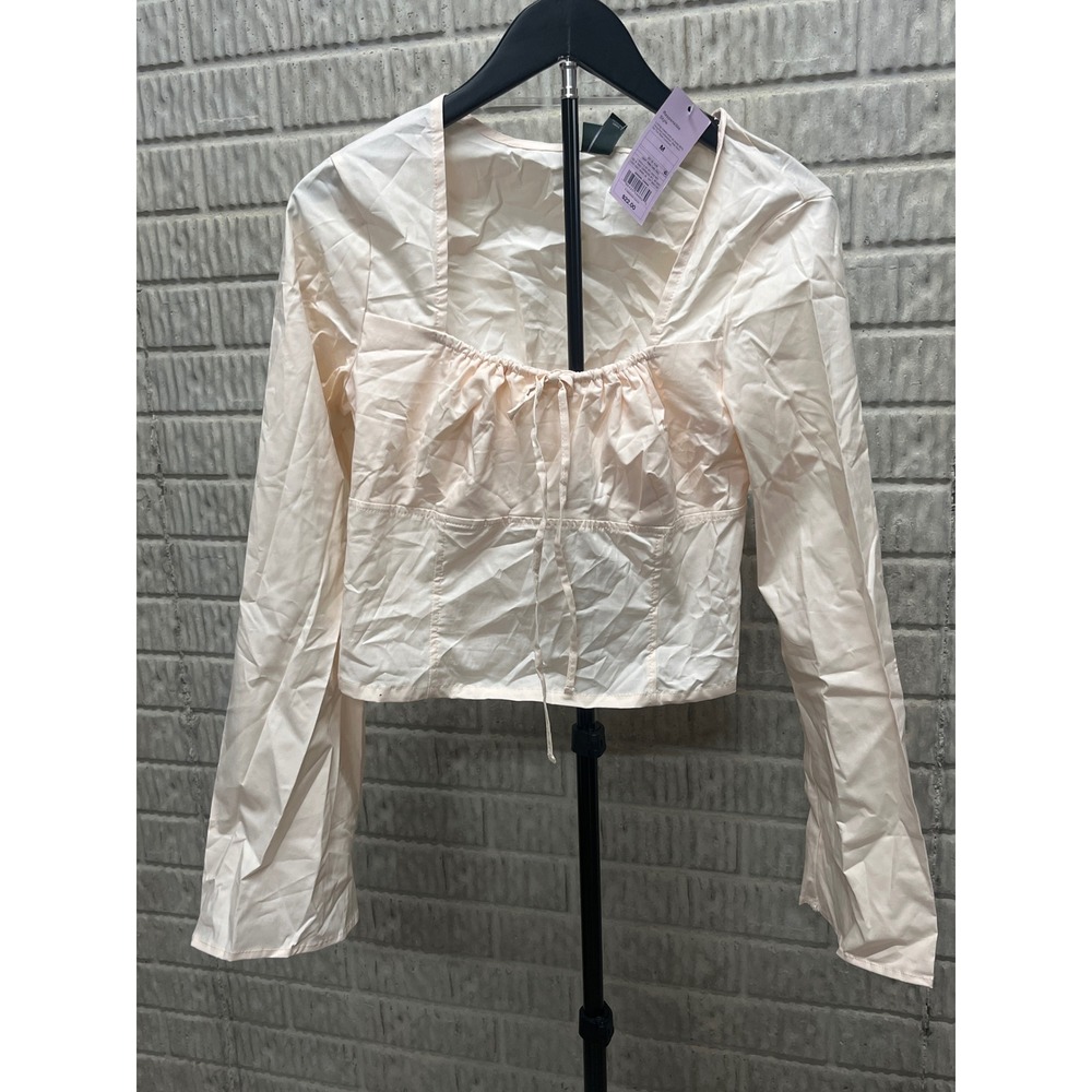 Wild Fable Light Pink Long Sleeve Tie Front Crop Top‎ Smocked Back Bell Sleeve M
